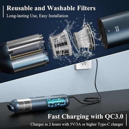 Mini Car Vacuum, 15000PA Strong Suction Cordless with LED Light, 2H Quick QC 3.0 Fast Charging Up to 30 Mins Runtime, Portable Small Vacuum for Car, Home, Office, Corners