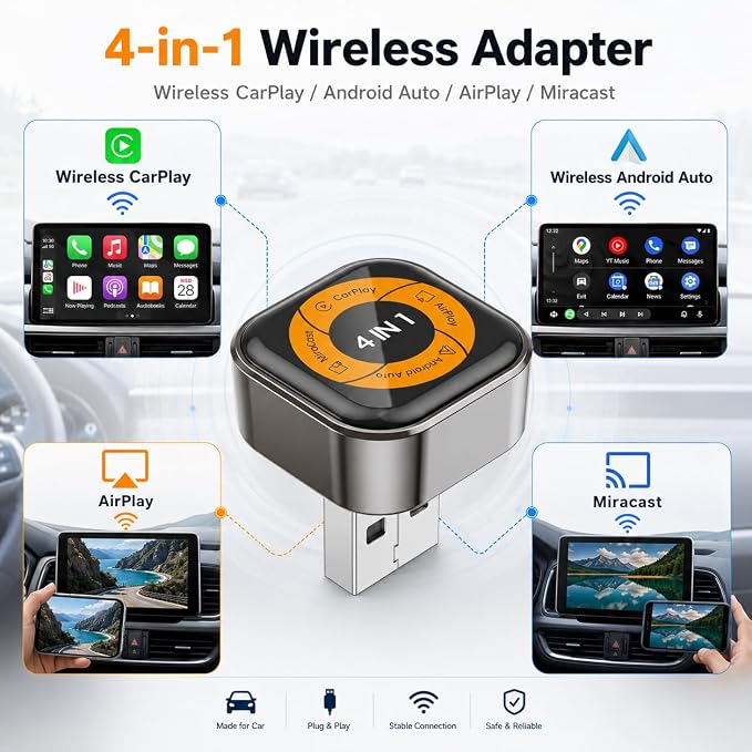Wireless CarPlay Adapter with Android Auto, AirPlay & Miracast, 4-in-1 Wireless Adapter for Factory Wired CarPlay Cars, Screen Mirroring for iPhone & Android, Video Casting, Auto Connect
