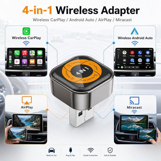 Wireless CarPlay Adapter with Android Auto, AirPlay & Miracast, 4-in-1 Wireless Adapter for Factory Wired CarPlay Cars, Screen Mirroring for iPhone & Android, Video Casting, Auto Connect