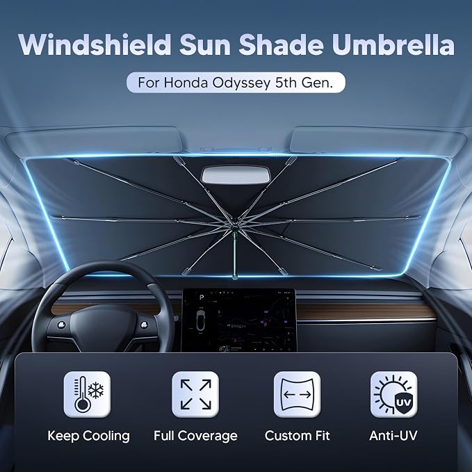 Autorder Windshield Sun Shade Umbrella for 2018-2025 2026 Honda Odyssey Accessories,Upgraded Ice Crystal Material,Easy Setup Umbrella Sunshade for Car Windshield,100% Sun Blocking