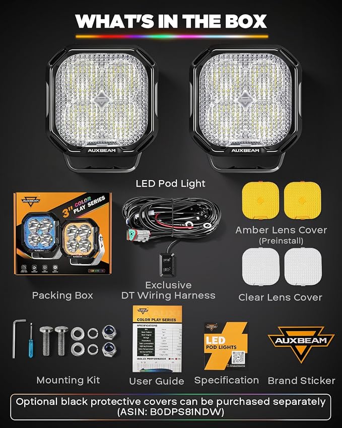 Auxbeam Color Play Series RGB 3-Inch LED Off-Road Lights Cube Pods | RGBW 7-color backlight with gradient cycle, Color changing ambient offroad lighting, 116W 12960LM flood beam ditch lights