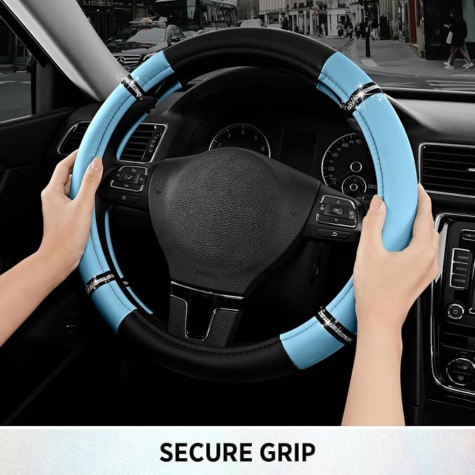 Road Comfort Leather Steering Wheel Cover – Premium Anti-Slip Car Steering Wheel Grip Cover – Universal Fit for 14.5”–15” Cars, Trucks & SUVs - Blue
