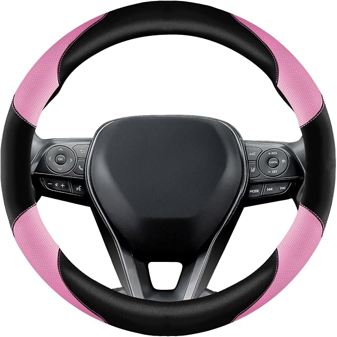 Soft Leather Steering Wheel Cover with Breathable Design and Anti-Slip Grip, Fully Compatible with Tesla, Toyota, Honda, Nissan 14.5-15.2 inch Round Steering Wheel（Sedans and SUVs）
