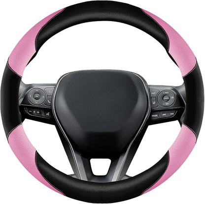 Soft Leather Steering Wheel Cover with Breathable Design and Anti-Slip Grip, Fully Compatible with Tesla, Toyota, Honda, Nissan 14.5-15.2 inch Round Steering Wheel（Sedans and SUVs）