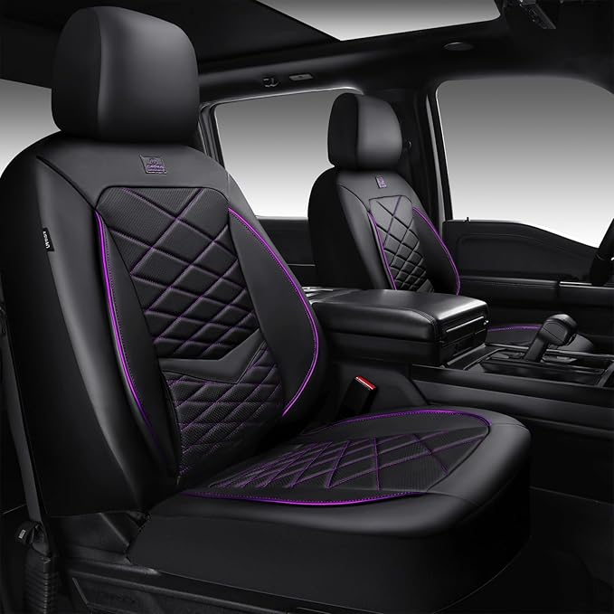 CAR PASS Luxury Nappa Leather Front Seat Covers, Water Resistant 3D Foam Seat Covers with Lumbar Support, Breathable Auto Seat Cover Airbag Compatible Universal Fit Sedan SUV Van Truck, Black Purple
