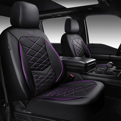 CAR PASS Luxury Nappa Leather Front Seat Covers, Water Resistant 3D Foam Seat Covers with Lumbar Support, Breathable Auto Seat Cover Airbag Compatible Universal Fit Sedan SUV Van Truck, Black Purple