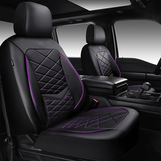 CAR PASS Luxury Nappa Leather Front Seat Covers, Water Resistant 3D Foam Seat Covers with Lumbar Support, Breathable Auto Seat Cover Airbag Compatible Universal Fit Sedan SUV Van Truck, Black Purple