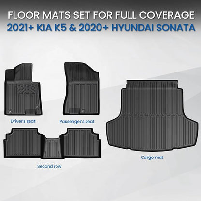 Floor Mats Set for 2021-2026 Kia K5 FWD & 2020-2026 Hyundai Sonata Gas FWD, All Weather TPE Floor Liners Trunk Mat Cargo Liner Accessories