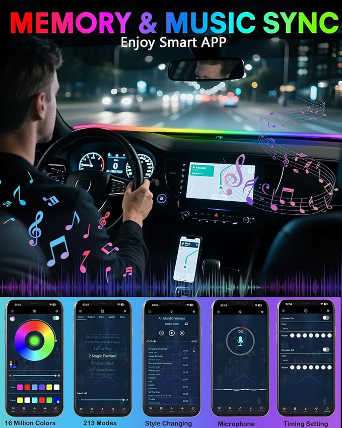 Acrylic Interior Car LED Strip Light with Motion-Activated Switch, 59.1" Neon Ambient Light, RGB Colors, APP Control, Music Sync