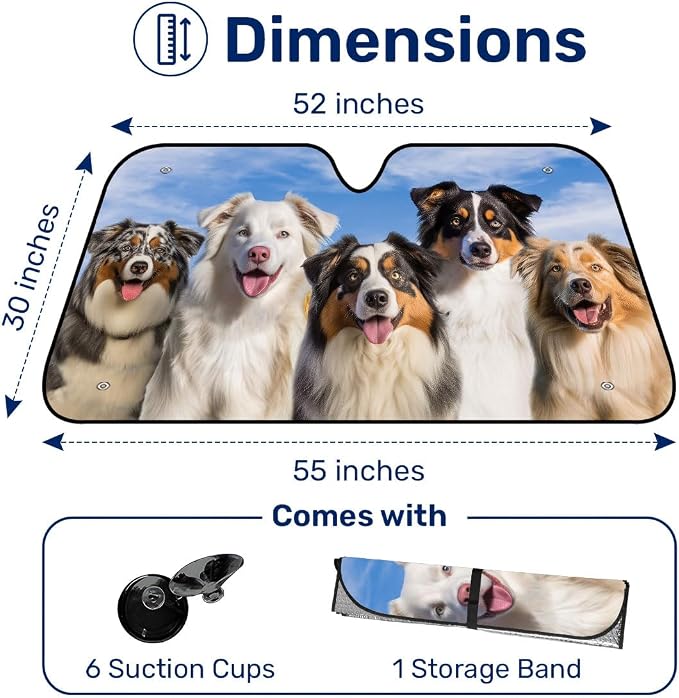 GENANY Australian Shepherd Dog Windshield Sun Shade for Car SUV Truck (55x30 Inches), Sun Shade Windshield for Windows, Protector Blocks UV, Cute Car Decor