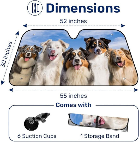 GENANY Australian Shepherd Dog Windshield Sun Shade for Car SUV Truck (55x30 Inches), Sun Shade Windshield for Windows, Protector Blocks UV, Cute Car Decor