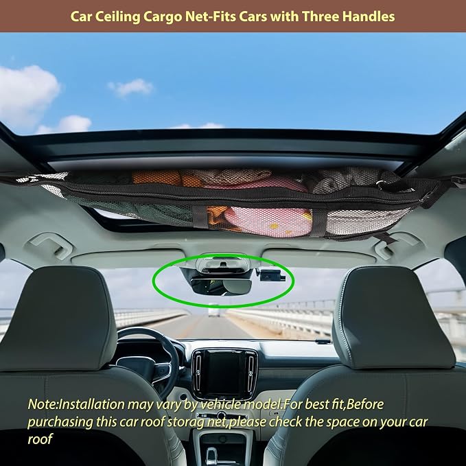 3 Handle Car Ceiling Cargo Net for SUV Roof Storage | Large 35.4" x 23.6" Perfect for road trips, camping, family travel and car organization,No tools required