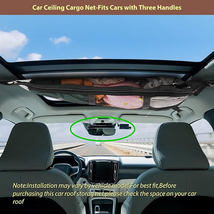 3 Handle Car Ceiling Cargo Net for SUV Roof Storage | Large 35.4" x 23.6" Perfect for road trips, camping, family travel and car organization,No tools required