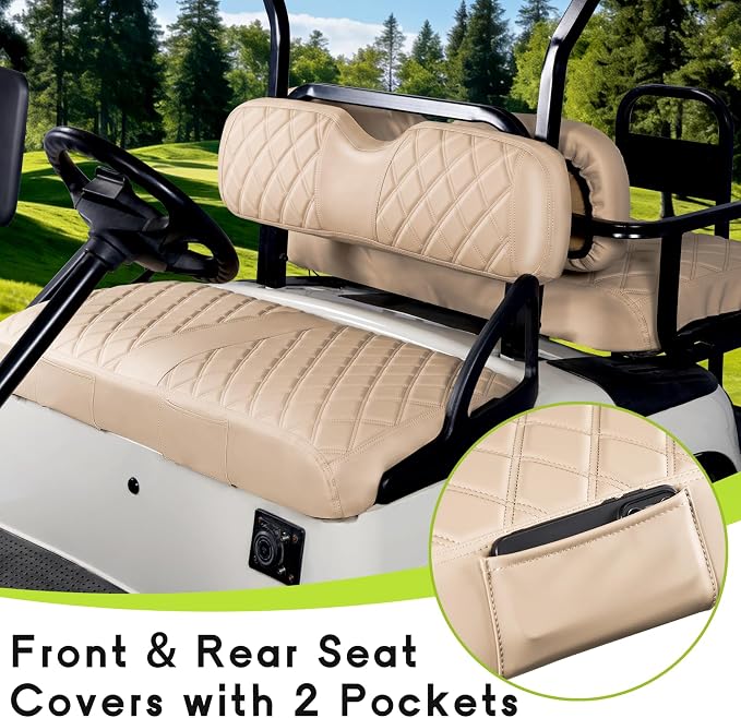 Full Set Golf Cart Seat Covers for EZGO RXV OEM, Beige | Front & Rear Set (2-Piece), Premium Vinyl Leather Replacement Standard Cushion Covers, No Tools Needed & Easy to Clean