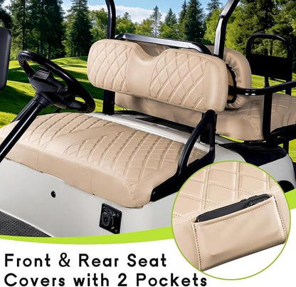 Full Set Golf Cart Seat Covers for EZGO RXV OEM, Beige | Front & Rear Set (2-Piece), Premium Vinyl Leather Replacement Standard Cushion Covers, No Tools Needed & Easy to Clean