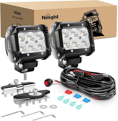 Nilight 2PCS 4Inch 18W Flood LED Pods Universal Adjustable Pillar Hood Off Road Led Work Light with Mount Bracket Wiring Harness-2 Leads, 2 Years Warranty
