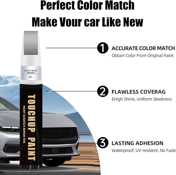 Iconic Silver Metallic(JS) Car Paint Touch Up Pen Compatible with Ford, 2-In-1 Color Accurate Touch Up Car Scratch Repair Paint Match Ford Series Automotive Scratch Remover for Nicks & Chips Repair