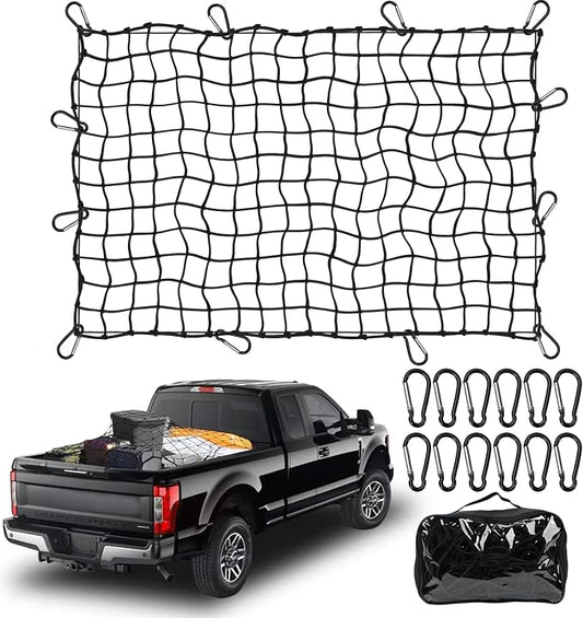 3'x4'Roof Rack Cargo Net， Mesh Bungee Net Stretches to 6'x8' for Rooftop Cargo Basket|12 Metal Carabiners + 12 Hooks Holds Loads Tighter