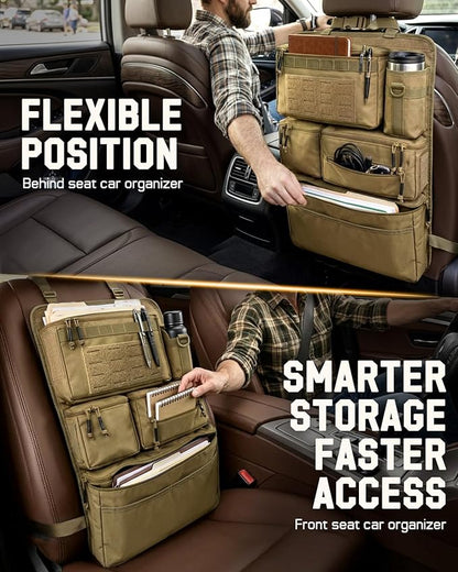 All in One Car Seat Back Organizer, Heavy Duty Molle Panel Seat Back Protector with Multi-Pockets Storage for Tools, Camping, Travel, Fit Most Cars SUV Trucks Jeeps Pickups