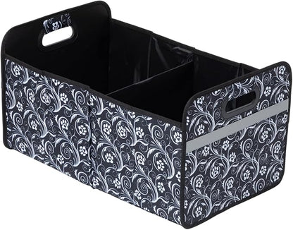 GreaterGood Paws Car Trunk Organizer Foldable Storage Bin with Handles Non Slip Base Pet Gear Travel Tote for SUV Truck (Flourish Paws)