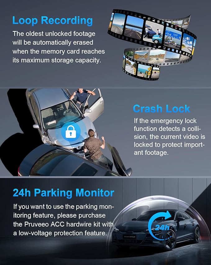 PRUVEEO 360° 4 Channel Dash Cam Front and Rear Inside Left Right, Dash Camera for Cars, Built-in GPS WiFi Night Vision, 24/7 Recording Parking Mode Monitor, 128G Card Included