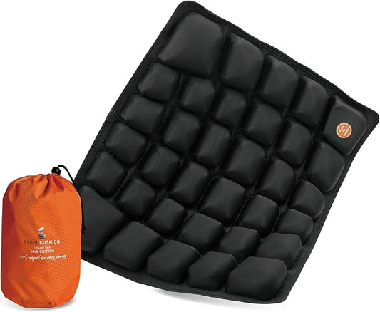 Inflatable Travel Seat Cushion with Built‑in Manual Pump, Adjustable Firmness & Compact Storage –Firm Support for Airplane, Car & Office Chairs, Large Generous Fit 18x16x2.1", Carry Bag Included