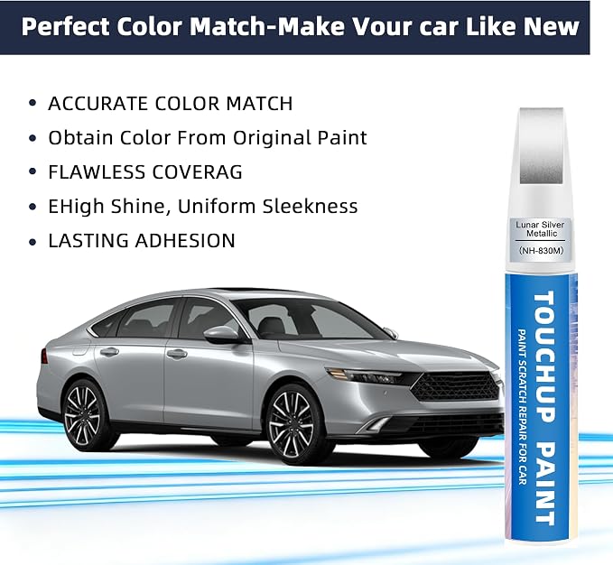 Lunar Silver Metallic(NH-830M) Touch Up Paint for Honda 2-in-1 Car Scratch Repair Pen for Rock Chips, Door Scratches & Paint Nicks Exact Color Match Quick Dry DIY Fix for Civic Accord CR-V