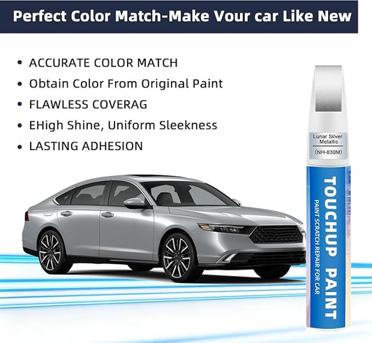 Lunar Silver Metallic(NH-830M) Touch Up Paint for Honda 2-in-1 Car Scratch Repair Pen for Rock Chips, Door Scratches & Paint Nicks Exact Color Match Quick Dry DIY Fix for Civic Accord CR-V