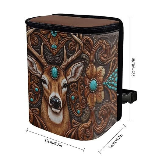 Talayituse Vintage Brown Elk Print Car Trash Bin, Large Size Auto Trash Can Adjustable Portable Garbage Can with Lid, Vehicle Hanging Bag for Headrest Front Back Seat