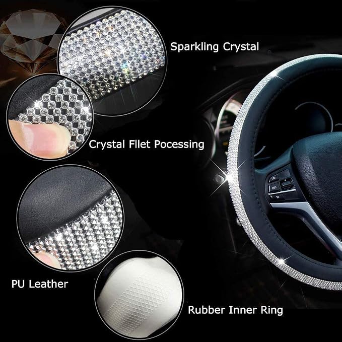 Diamond Leather Steering Wheel Cover with Bling Bling Crystal Rhinestones,Large-Size of 15 1/2 inches-16 inches Black