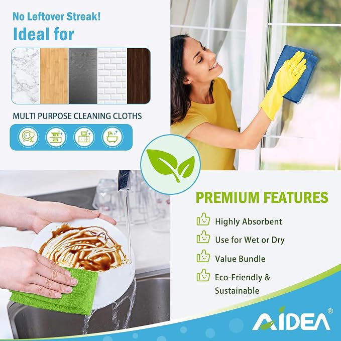 AIDEA Microfiber Cleaning Cloth, 20PK, Soft Absorbent Rags, Microfiber Towels for Cars, Kitchen Towels, Dusting Cloth for Home, Window, Cleaning Supplies, 12"×12"