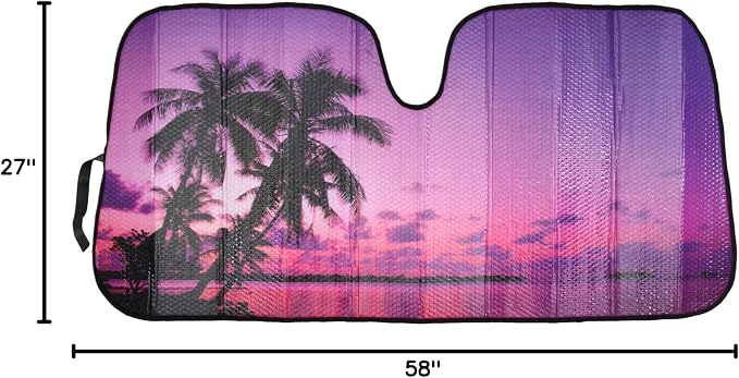 BDK Purple Sunset Beach Front Windshield Sun Shade Accordion Folding Cute Car Window Shades for Truck & Car Sunshade Shield for Sun UV Rays - Visor Protector Keeps Your Vehicle Cool - 58 x 27 inches