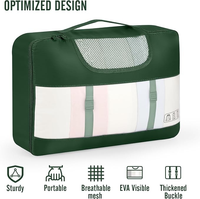 Veken 8 Set Packing Cubes for Travel Essentials,Anti-Wrinkle Buckled Suitcase Organizer for Shoe & Toiletry Bag,Carry On Luggage Bag with 99+ Count Mesh Holes for Airplane & College Dorm Accessories