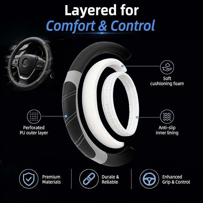 Elantrip Sport Leather Steering Wheel Cover 14 1/2 inch to 15 inch Universal, Padded Soft Grip Breathable for Car Truck SUV Jeep, Anti Slip Odorless Carbon Fiber Black