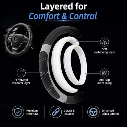Elantrip Sport Leather Steering Wheel Cover 14 1/2 inch to 15 inch Universal, Padded Soft Grip Breathable for Car Truck SUV Jeep, Anti Slip Odorless Carbon Fiber Black