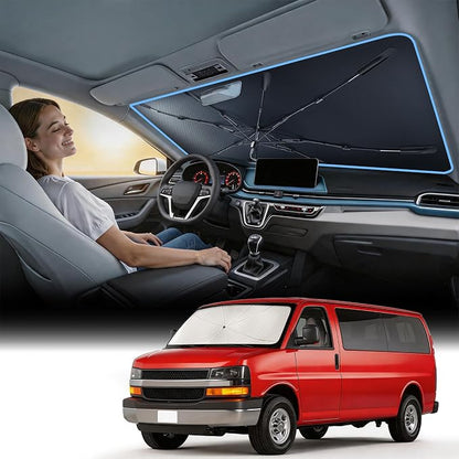 Nmoiss [Vinyl Coating Heat Shield] Windshield Sun Shade Umbrella Custom for Chevrolet Express, Protect Car from Sun Rays & Heat Damage Keep Cool and Protect Interior