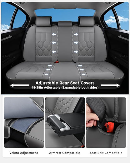Huidasource Seat Covers Full Set, Universal Fit for Most Cars SUVs Trucks, Full Coverage Waterproof Leather Car Seat Cover, Airbag, Cupholder Compatible, Seat Function Retain, Velcro Adjustable, Gray
