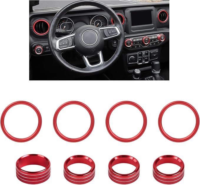 JWWY JL AC Air Vent Trim Rings & Dashboard Headlight Switch Decor Switch Knob Cover Kit Fit for 2018-2023 Jeep Wrangler JL JLU Interior Accessories, Aluminum Alloy 8PCS Red