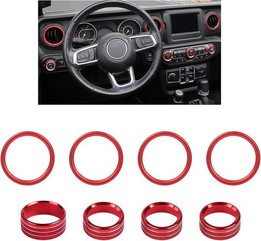 JWWY JL AC Air Vent Trim Rings & Dashboard Headlight Switch Decor Switch Knob Cover Kit Fit for 2018-2023 Jeep Wrangler JL JLU Interior Accessories, Aluminum Alloy 8PCS Red