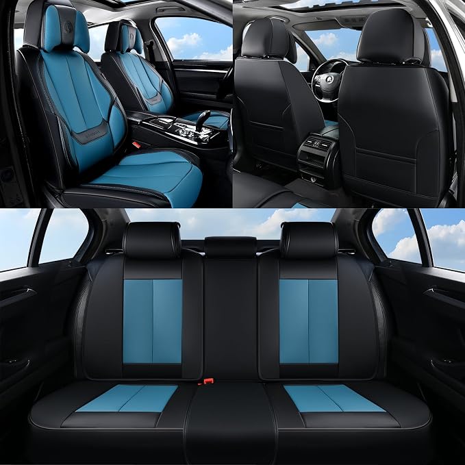 Coverado Seat Covers, Car Seat Covers Front Seats, Car Seat Cover, Car Seat Protector Waterproof, Seat Cushion Nappa Leather with Head Pillow, Carseat Cover Universal Fit for Most Cars (Black&Blue)
