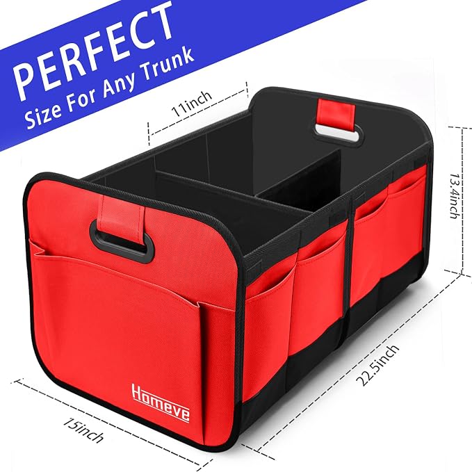 Homeve Car Trunk Organizer for SUV, 18.5Gal Large Capacity No-Sag Heavy Duty, Foldable Waterproof Anti-Slip Storage with 12 Pockets, Fit Sedan, Truck, Universal Car Accessories, Red, 2 Compart, Large