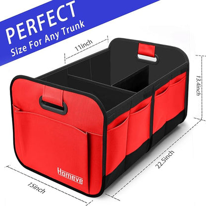 Homeve Car Trunk Organizer for SUV, 18.5Gal Large Capacity No-Sag Heavy Duty, Foldable Waterproof Anti-Slip Storage with 12 Pockets, Fit Sedan, Truck, Universal Car Accessories, Red, 2 Compart, Large