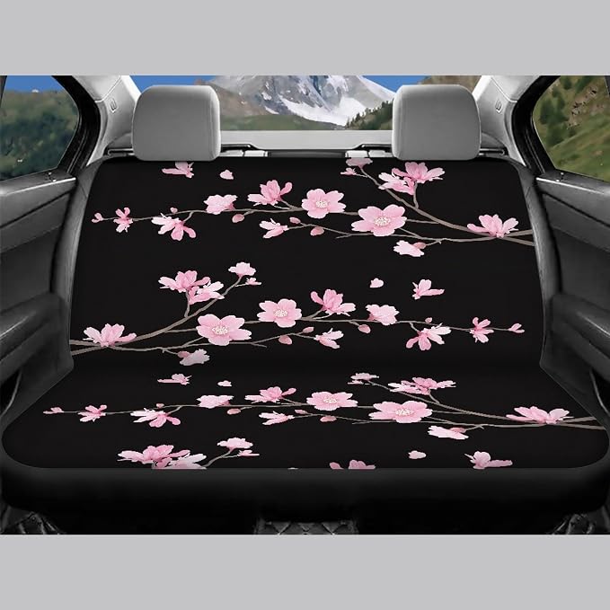 Cherry Blossom Car Seat Covers Full Set,Japanese Pink Flowers Tree Branches with Falling Petals Vehicle Front Rear Bench Cushion Protector Interior Accessories Universal Fit for Trucks Sedans