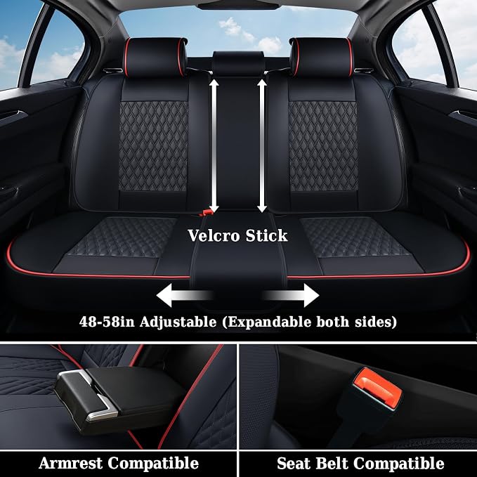 Coverado Car Seat Covers Full Set, Nappa Leather Seat Covers for Car, Waterproof Car Seat Protector with Lumbar Support, Automotive Seat Covers Universal Fit for Most Cars SUV Trucks (Black-Red line)