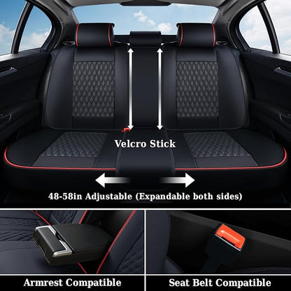 Coverado Car Seat Covers Full Set, Nappa Leather Seat Covers for Car, Waterproof Car Seat Protector with Lumbar Support, Automotive Seat Covers Universal Fit for Most Cars SUV Trucks (Black-Red line)