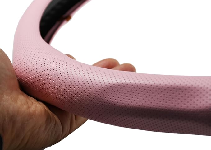 Quick Install Sporty Perforated Pink Nappa Leather Steering Wheel Cover Universal fit 14½" to 15" Car SUV Pickup 14.5 to 15 inche Pink for Wife