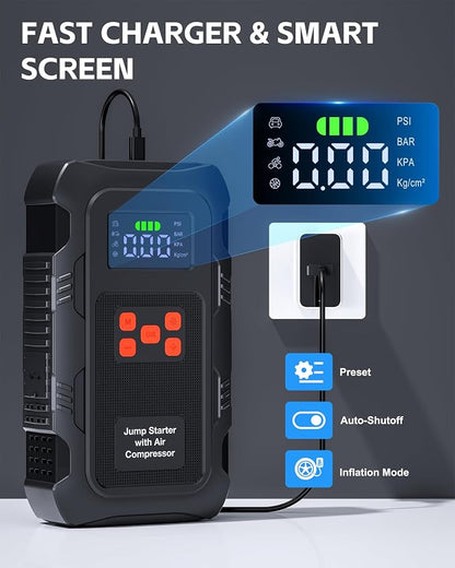 5000A Jump Starter with Air Compressor, Portable Car Battery Jump Starter with 150 PSI Tire Inflator for Up to 10.0L Gas and 8.0L Diesel Engines, 12V Jump Box Battery Charger Booster(Orange)