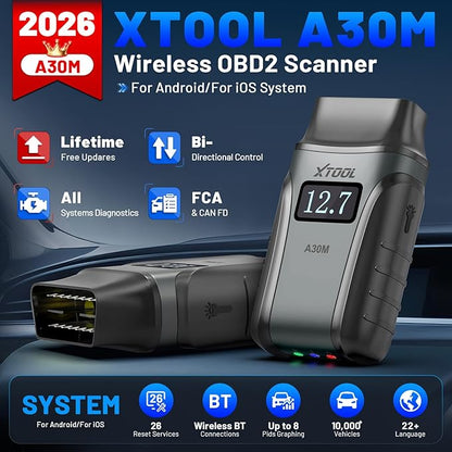 XTOOL A30M V2.0 OBD2 Scanner Diagnostic Tool, 26 Resets, All System, Wireless Bidirectional Scan Tool, Car Code Reader for EPB/Throttle/Crank Sensor Relearn, Lifetime Free Update, Android & iOS
