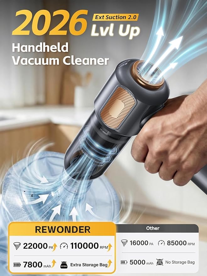 REWONDER Car Vacuum Cleaner High Power, 22000Pa Vacuum Cleaner & 110000RPM Air Duster, Handheld Vacuum with 7800mAh Battery, Storage Bag & Multi-Nozzles for Car, Home, Office