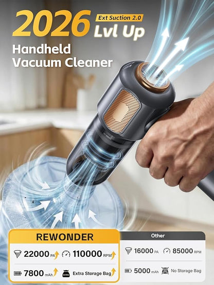 REWONDER Car Vacuum Cleaner High Power, 22000Pa Vacuum Cleaner & 110000RPM Air Duster, Handheld Vacuum with 7800mAh Battery, Storage Bag & Multi-Nozzles for Car, Home, Office